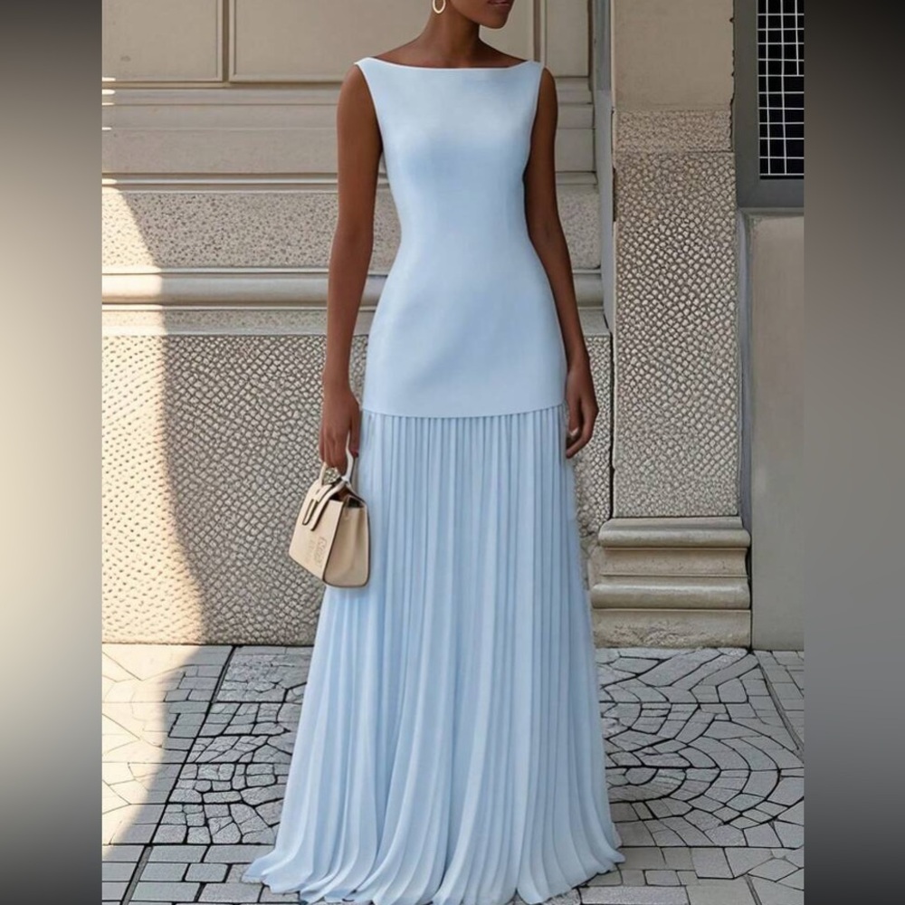 Elegant Blue Boatneck Pleated Maxi Skirt and Top Set